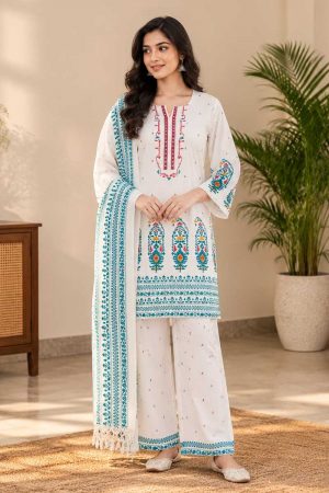 Pearl White Jacquard Cotton Printed Salwar Kameez Set