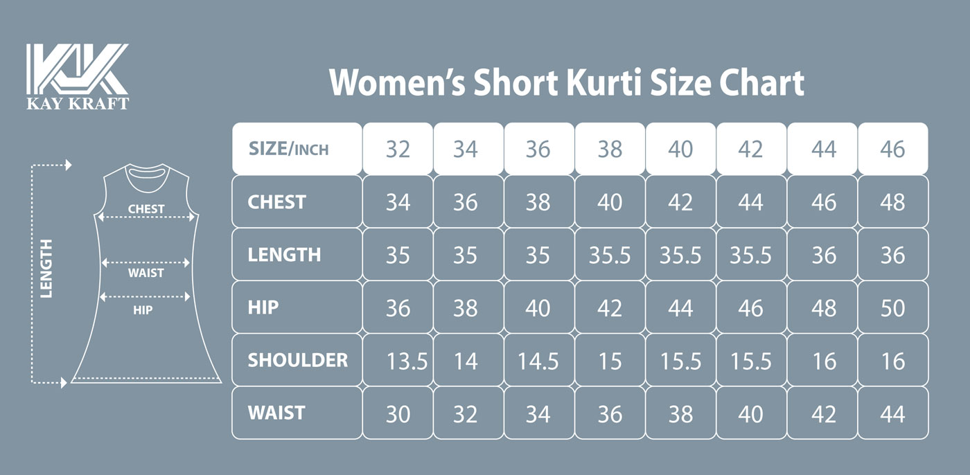 WOMENS SHORT KURTI SIZE CHART-TPS-LN-1527