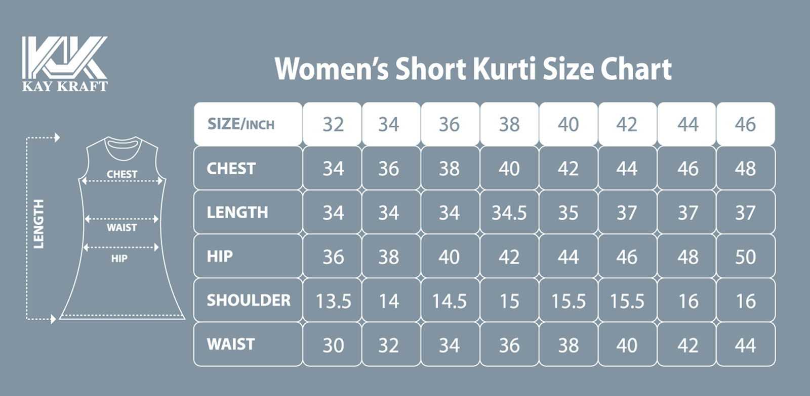 WOMENS SHORT KURTI SIZE CHART WOMENS SHORT KURTI SIZE CHART-TPS-SCT-1531